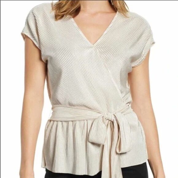 Gibson x Glam Squad Plissé Faux Wrap Top - size Medium in Champagne Gold - Picture 1 of 13